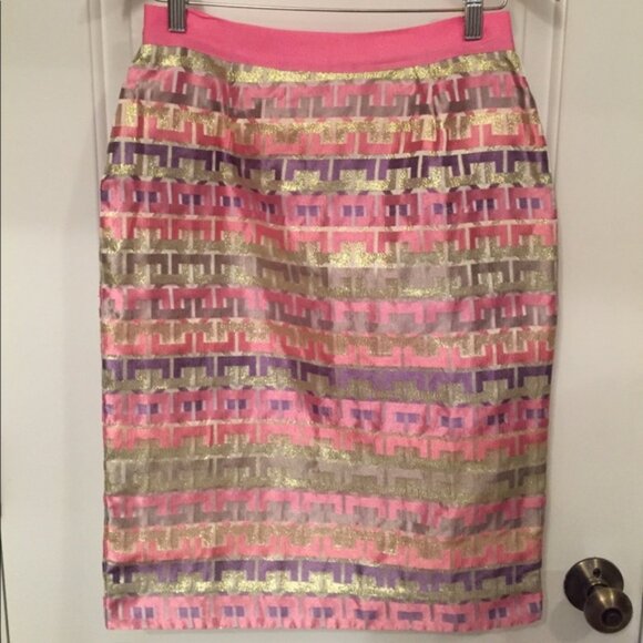KATE SPADE SKIRT KAYLA SPARKLE PINK GOLD PURPLE PENCIL STRAIGHT Size 4 - Picture 1 of 10